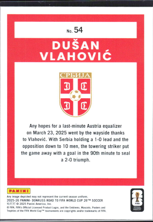 2025-26 Donruss Road to FIFA World Cup #54 Dusan Vlahovic Base