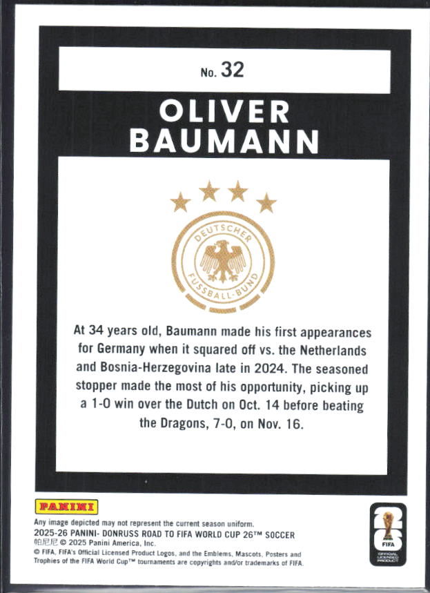 2025-26 Donruss Road to FIFA World Cup #32 Oliver Baumann Base