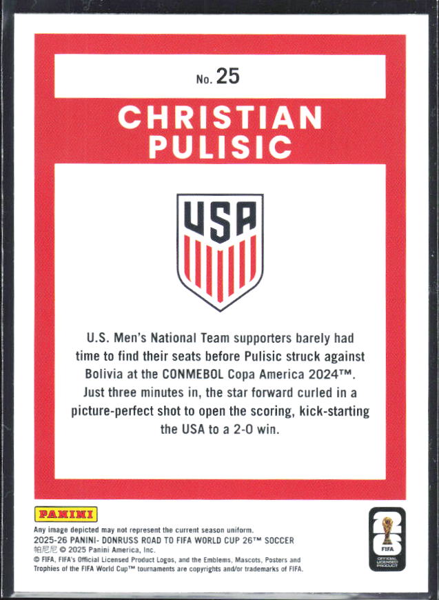 2025-26 Donruss Road to FIFA World Cup #25 Christian Pulisic Base