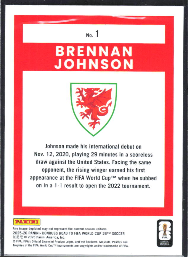 2025-26 Donruss Road to FIFA World Cup #1 Brennan Johnson Base