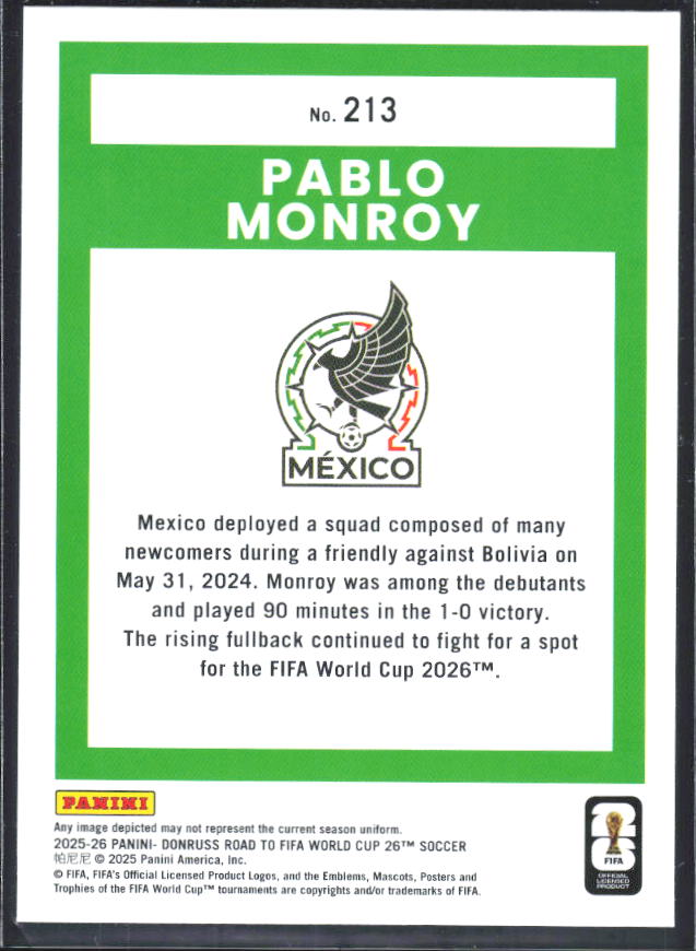 2025-26 Donruss Road to FIFA World Cup #213 Pablo Monroy Base