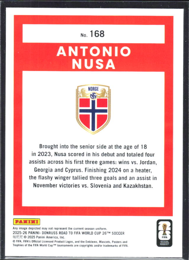 2025-26 Donruss Road to FIFA World Cup #168 Antonio Nusa Base