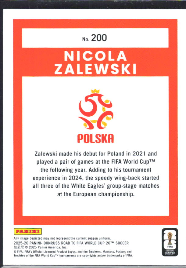 2025-26 Donruss Road to FIFA World Cup #200 Nicola Zalewski Base
