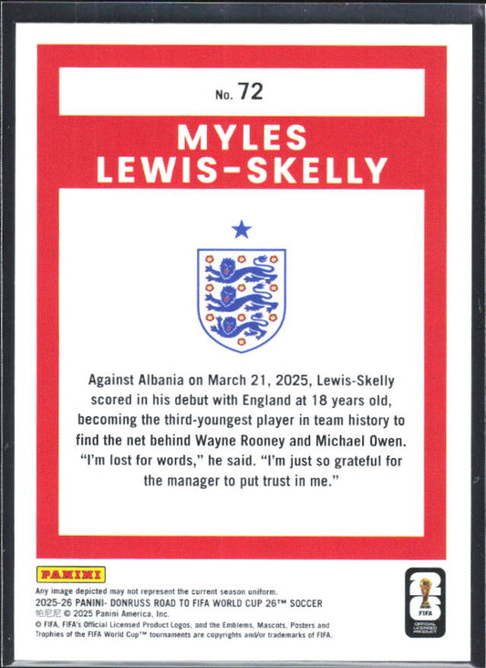 2025-26 Donruss Road to FIFA World Cup #72 Myles Lewis-Skelly Base