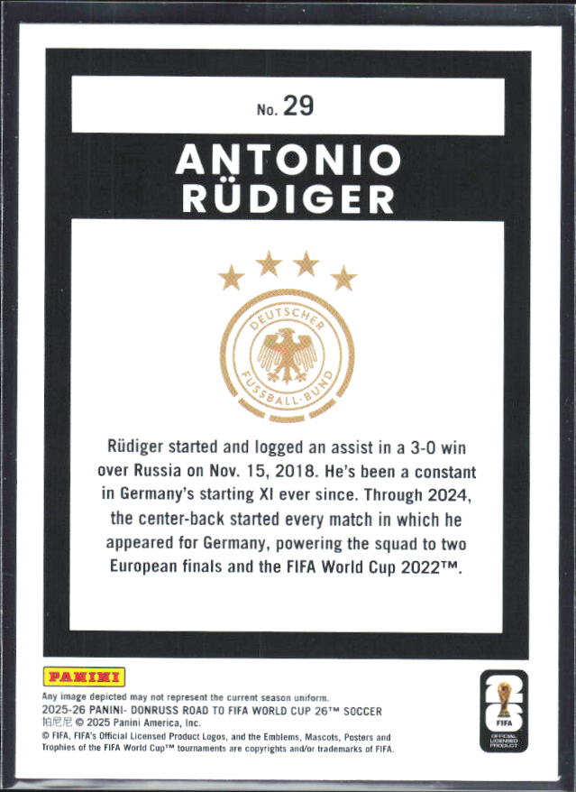 2025-26 Donruss Road to FIFA World Cup #29 Antonio Rudiger Base