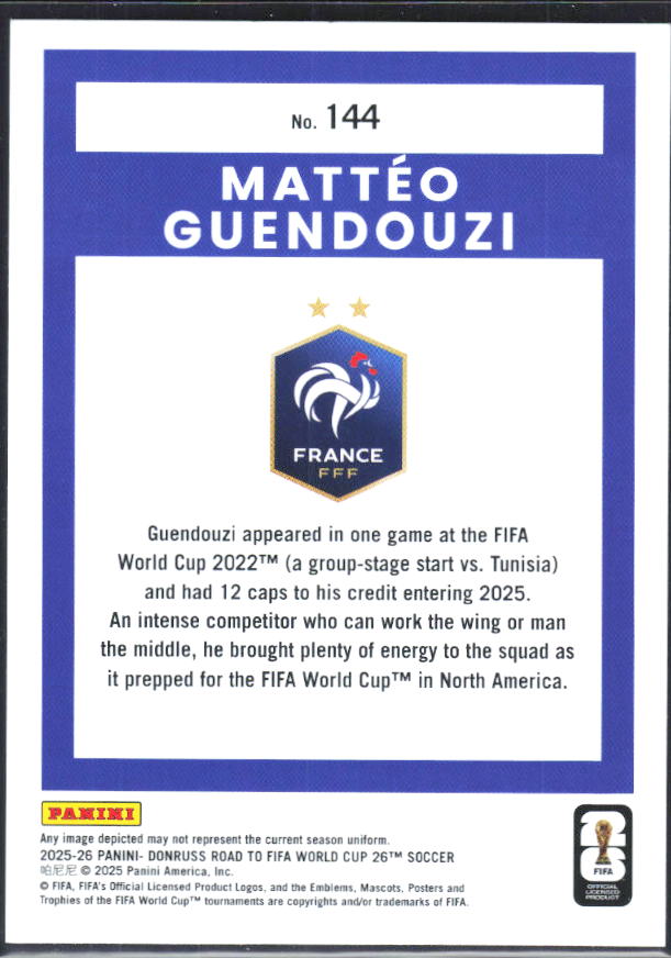 2025-26 Donruss Road to FIFA World Cup #144 Matteo Guendouzi Base