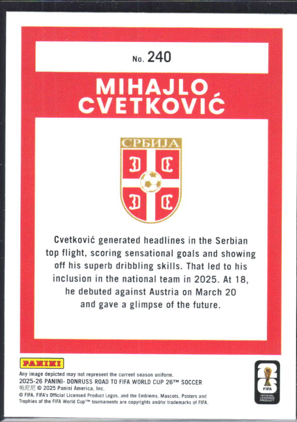 2025-26 Donruss Road to FIFA World Cup #240 Mihajlo Cvetković Base