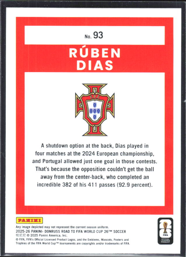 2025-26 Donruss Road to FIFA World Cup #93 Ruben Dias Base