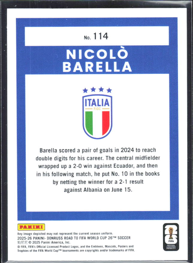 2025-26 Donruss Road to FIFA World Cup #114 Nicolo Barella Base
