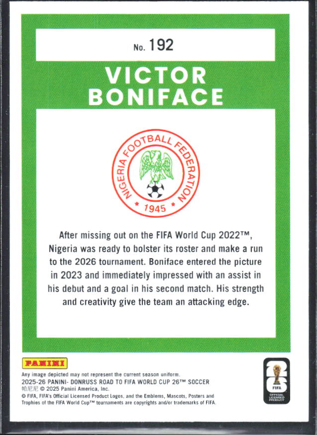 2025-26 Donruss Road to FIFA World Cup #192 Victor Boniface Base