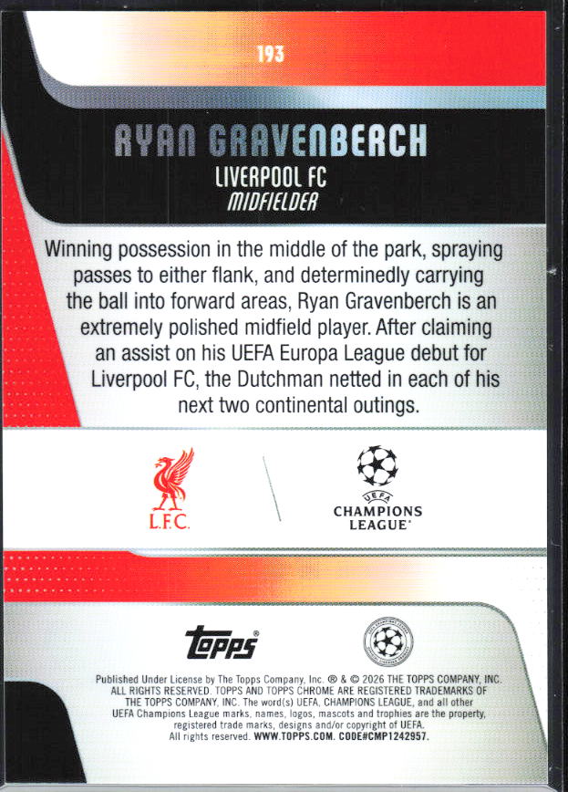 2025-26 Topps Chrome UEFA Club Competitions #193 Ryan Gravenberch Base