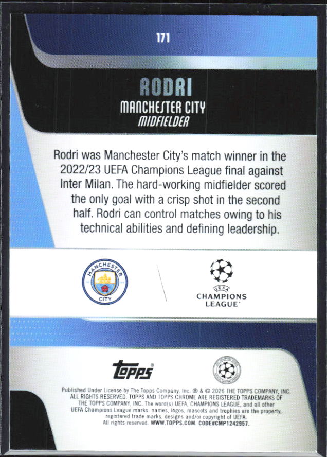 2025-26 Topps Chrome UEFA Club Competitions #171 Rodri Base