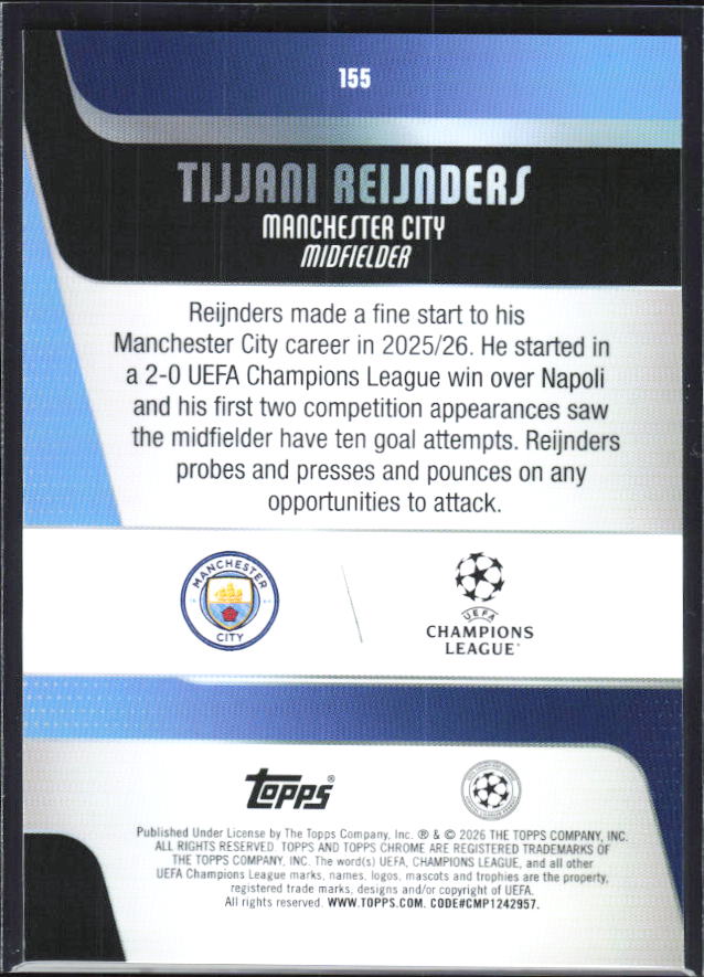 2025-26 Topps Chrome UEFA Club Competitions #155 Tijjani Reijnders Base