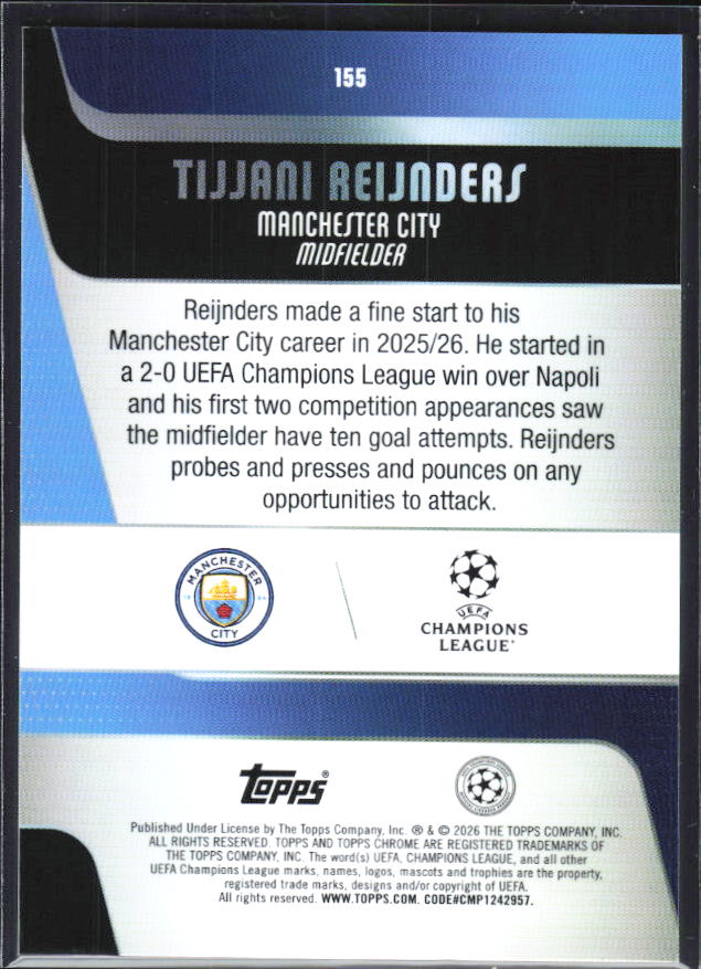 2025-26 Topps Chrome UEFA Club Competitions #155 Tijjani Reijnders Base