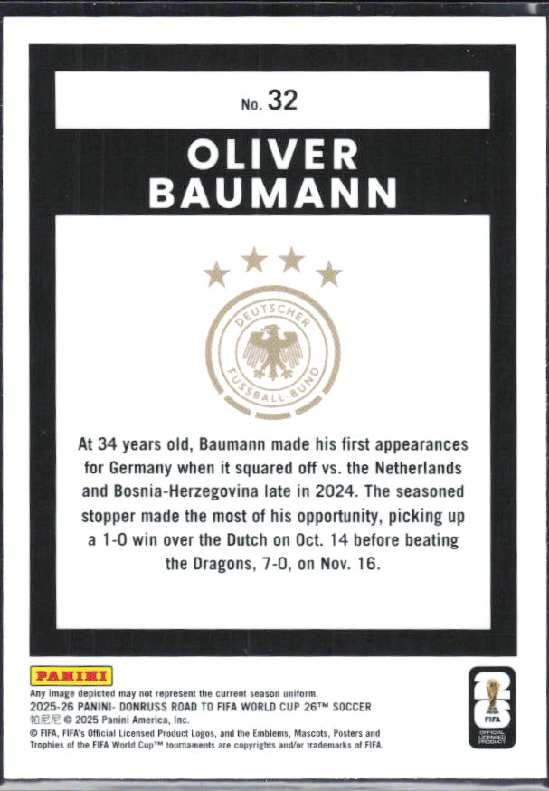 2025-26 Donruss Road to FIFA World Cup #32 Oliver Baumann Optic
