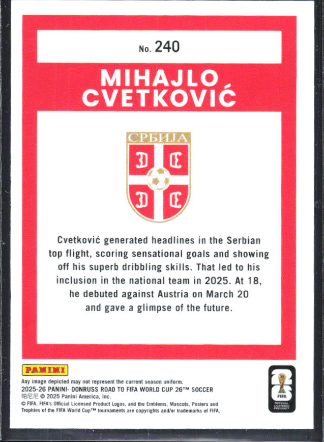 2025-26 Donruss Road to FIFA World Cup #240 Mihajlo Cvetković Optic