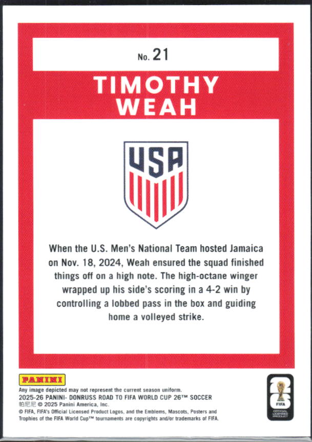 2025-26 Donruss Road to FIFA World Cup #21 Timothy Weah Optic