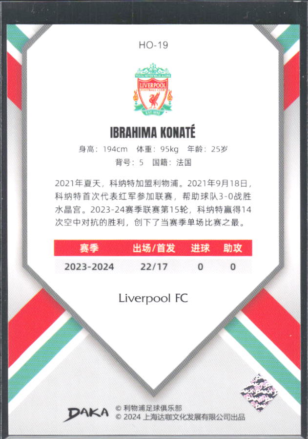 2024 DAKA Holocene Liverpool #HO-19 Ibrahima Konaté – baksida