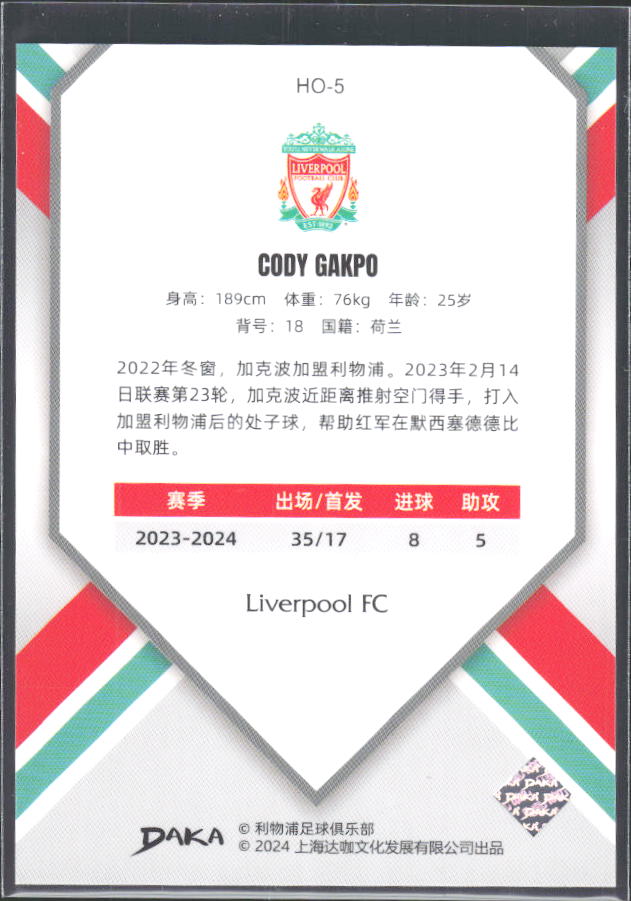 2024 DAKA Holocene Liverpool #HO-5 Cody Gakpo – baksida