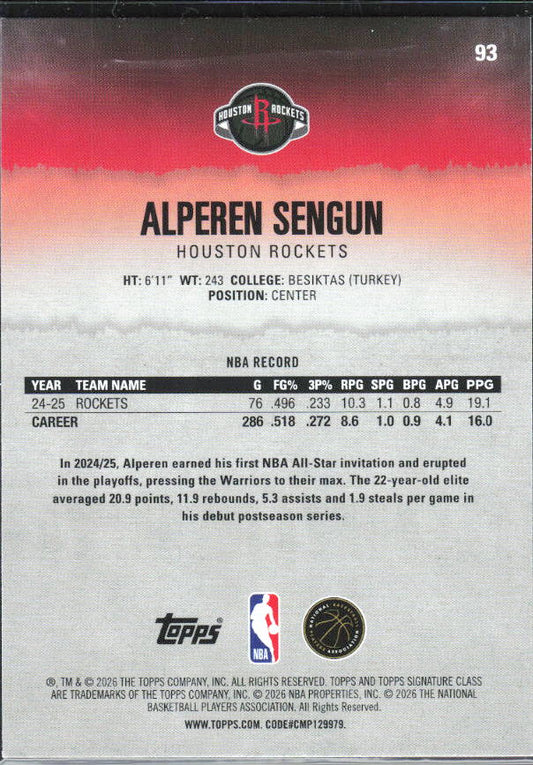 2025-26 Topps Signature Class #93 Alperen Sengun – baksida