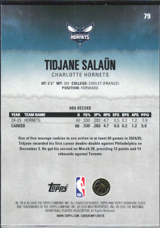 2025-26 Topps Signature Class #79 Tidjane Salaün – baksida