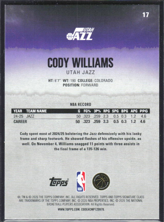 2025-26 Topps Signature Class #17 Cody Williams – baksida