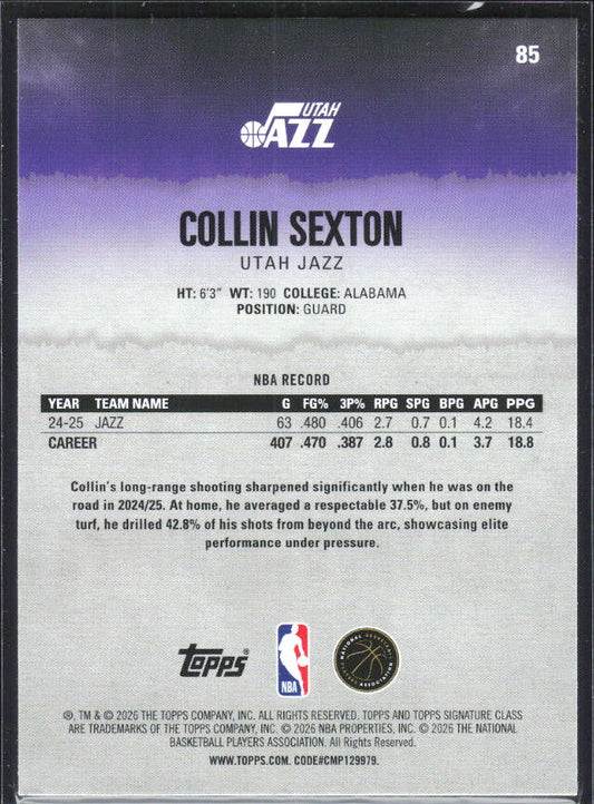 2025-26 Topps Signature Class #85 Collin Sexton – baksida