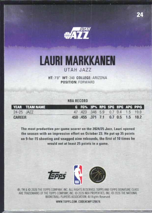 2025-26 Topps Signature Class #24 Lauri Markkanen – baksida