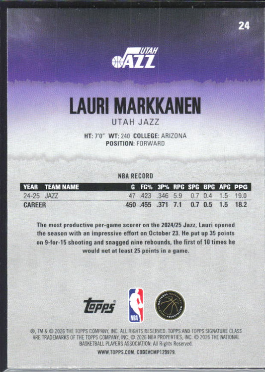 2025-26 Topps Signature Class #24 Lauri Markkanen – baksida