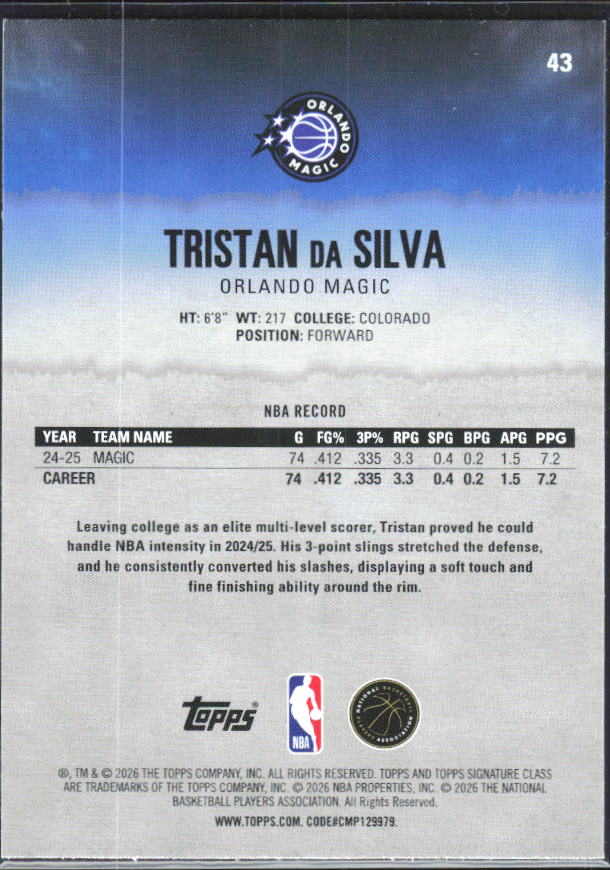 2025-26 Topps Signature Class #43 Tristan da Silva – baksida