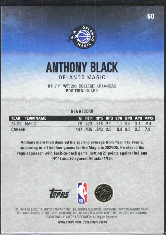 2025-26 Topps Signature Class #50 Anthony Black – baksida
