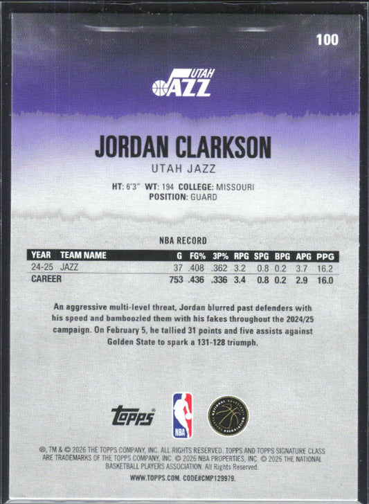 2025-26 Topps Signature Class #100 Jordan Clarkson – baksida