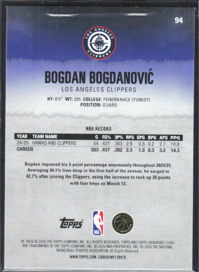 2025-26 Topps Signature Class #94 Bogdan Bogdanović – baksida
