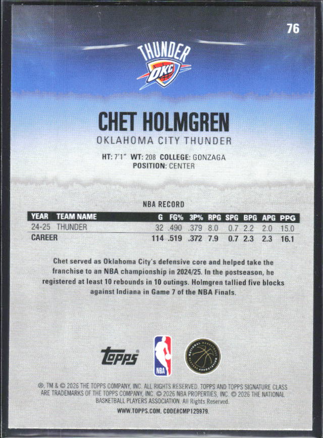 2025-26 Topps Signature Class #76 Chet Holmgren – baksida