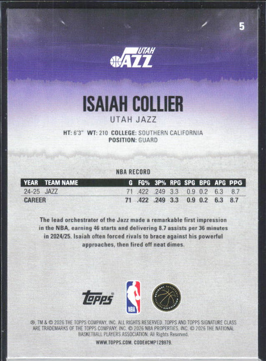 2025-26 Topps Signature Class #5 Isaiah Collier – baksida