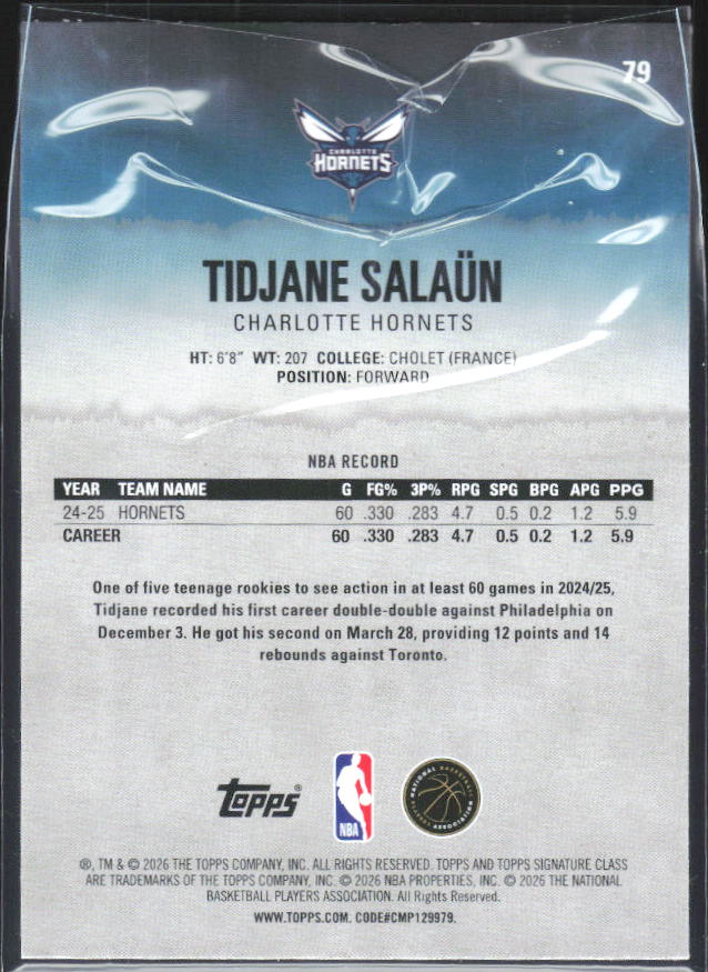 2025-26 Topps Signature Class #79 Tidjane Salaün – baksida