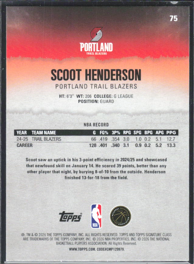 2025-26 Topps Signature Class #75 Scoot Henderson – baksida