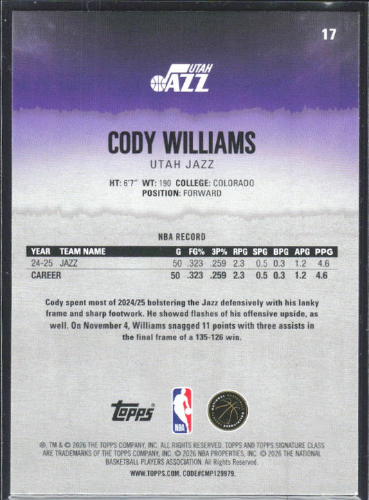 2025-26 Topps Signature Class #17 Cody Williams – baksida