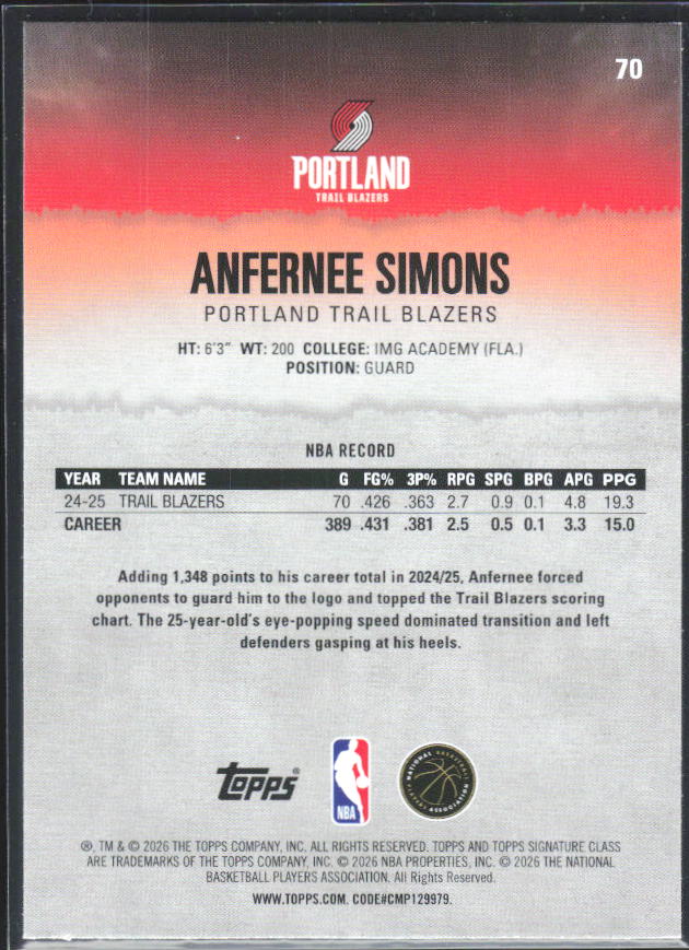 2025-26 Topps Signature Class #70 Anfernee Simons – baksida