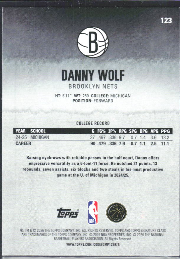 2025-26 Topps Signature Class #123 Danny Wolf RC – baksida