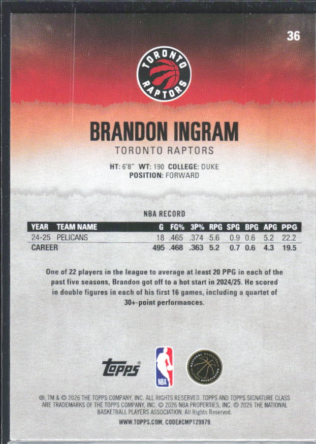 2025-26 Topps Signature Class #36 Brandon Ingram – baksida