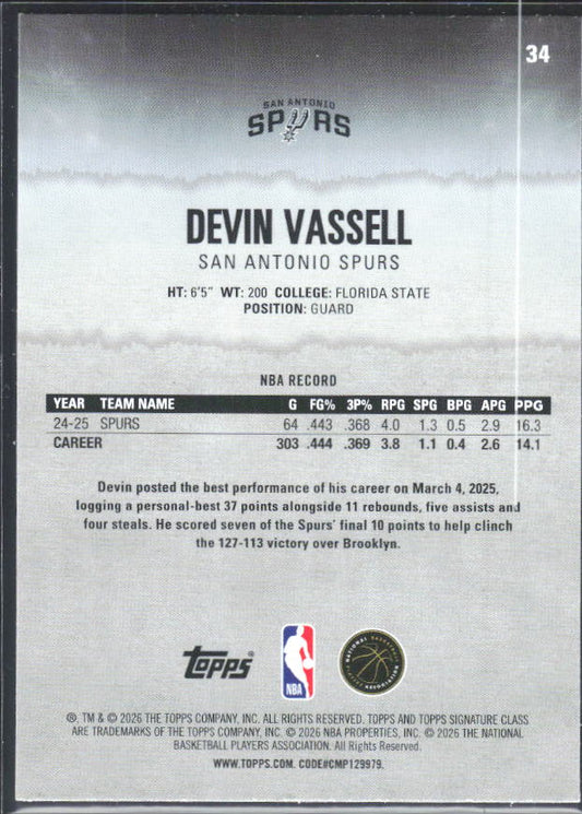 2025-26 Topps Signature Class #34 Devin Vassell – baksida