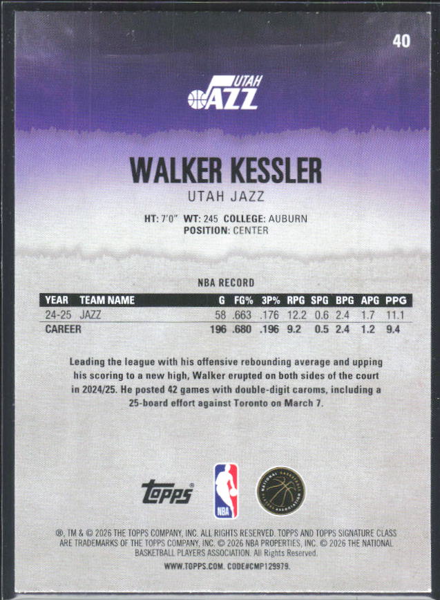 2025-26 Topps Signature Class #40 Walker Kessler – baksida