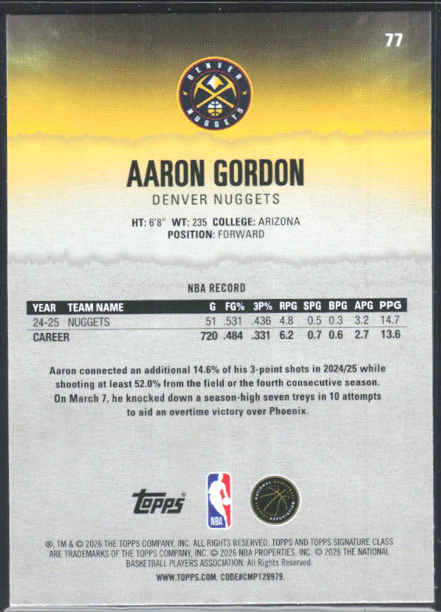 2025-26 Topps Signature Class #77 Aaron Gordon – baksida