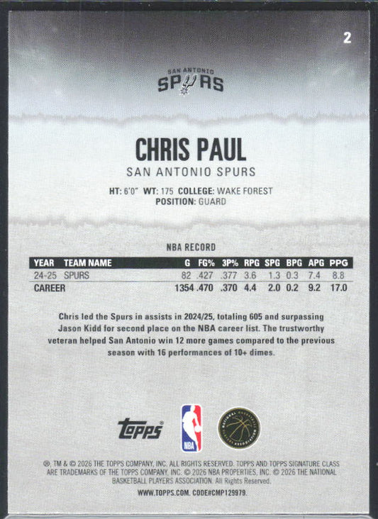 2025-26 Topps Signature Class #2 Chris Paul – baksida