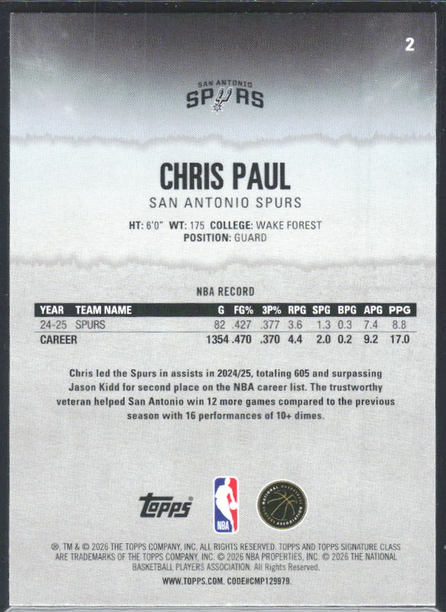 2025-26 Topps Signature Class #2 Chris Paul – baksida