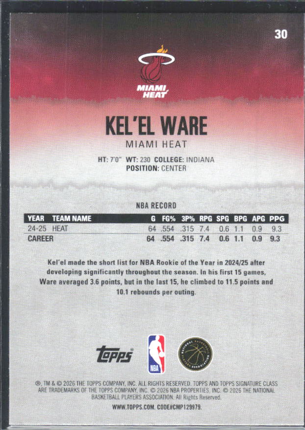 2025-26 Topps Signature Class #30 Kel'el Ware – baksida