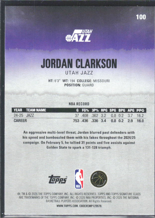2025-26 Topps Signature Class #100 Jordan Clarkson – baksida
