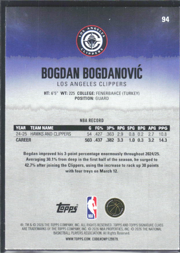 2025-26 Topps Signature Class #94 Bogdan Bogdanović – baksida