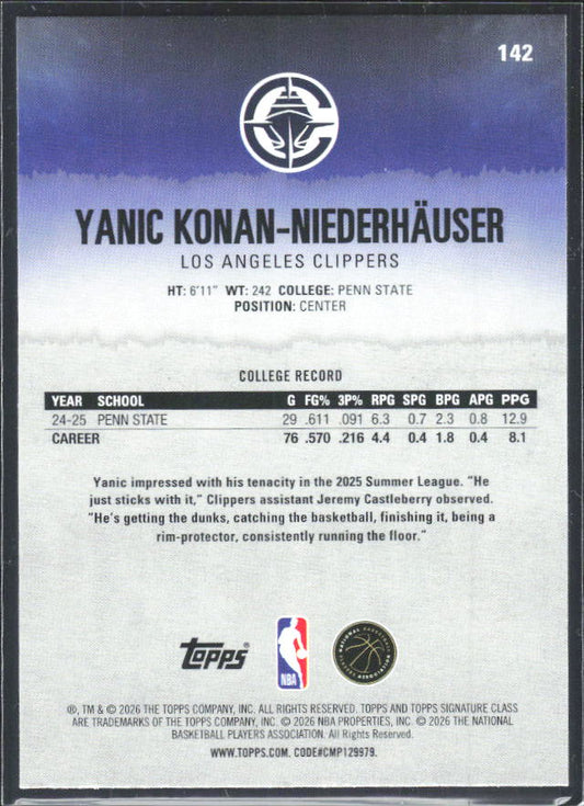 2025-26 Topps Signature Class #142 Yanic Konan-Niederhäuser RC – baksida